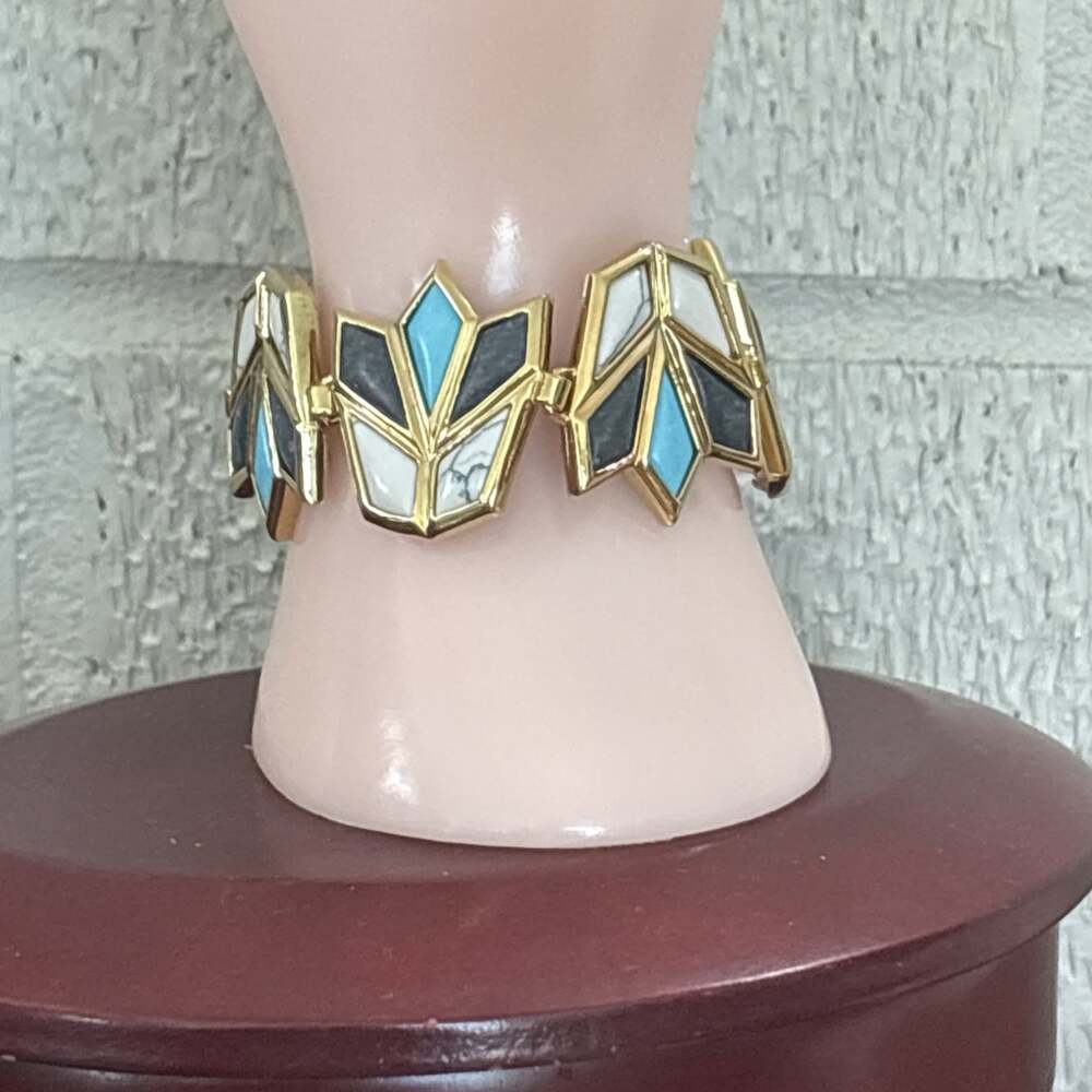 Lele Sadoughi Lotus Flower Bracelet Turquoise White Gold Plated 7.5"